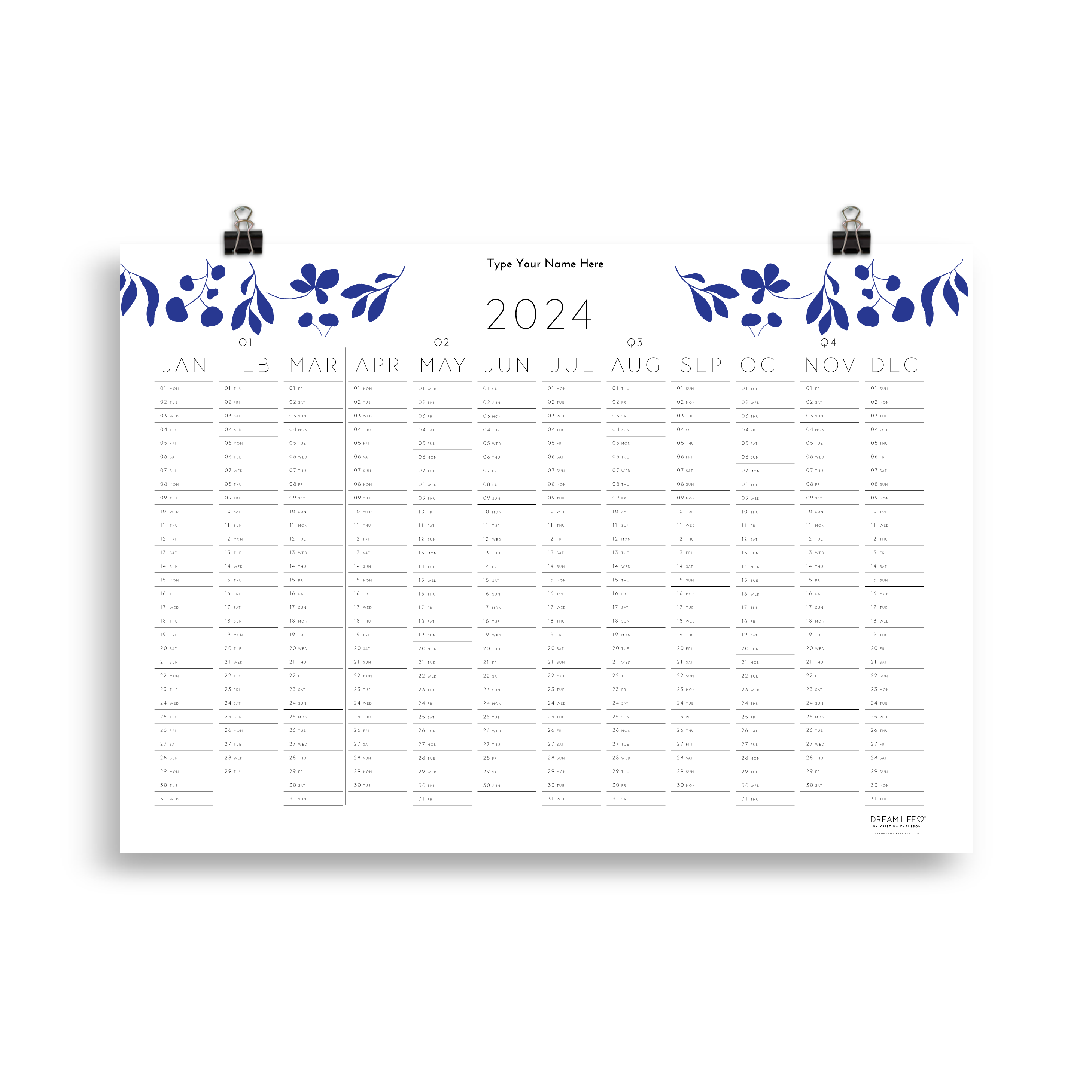 2024 Wall Calendar Leaves Blue Dream Life