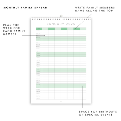 A3 Family Calendar - Summer - Green