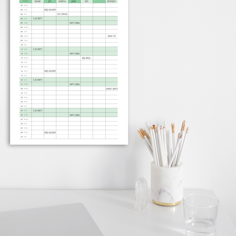 A3 Family Calendar - Teal